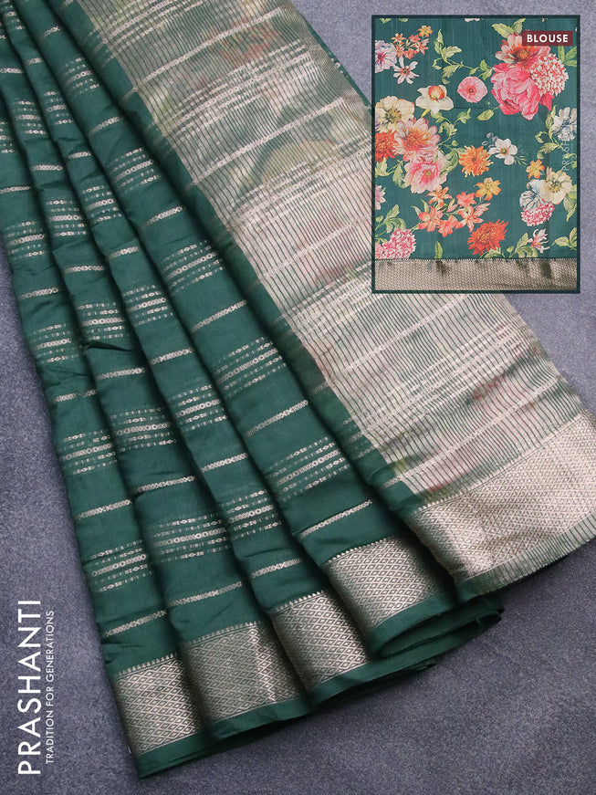 Assam silk saree green with allover zari woven stripes pattern and zari woven border