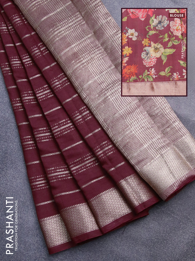 Assam silk saree maroon with allover zari woven stripes pattern and zari woven border