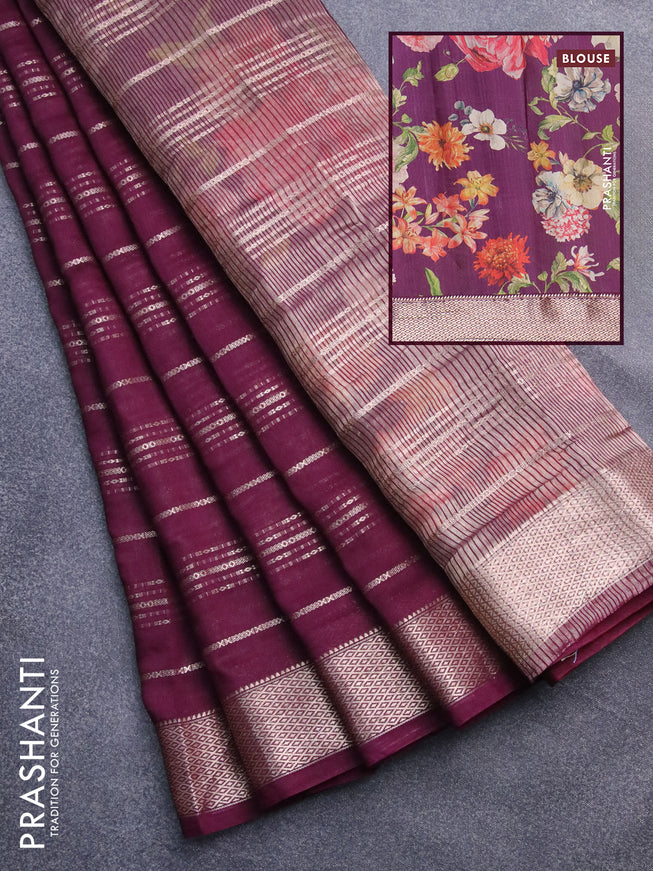 Assam silk saree wine shade with allover zari woven stripes pattern and zari woven border