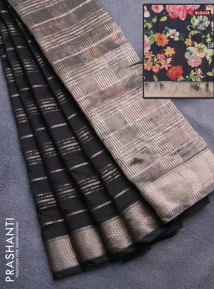 Assam silk saree black with allover zari woven stripes pattern and zari woven border