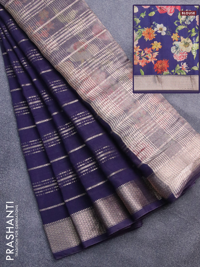 Assam silk saree blue with allover zari woven stripes pattern and zari woven border