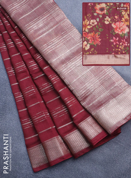 Assam silk saree maroon with allover zari woven stripes pattern and zari woven border