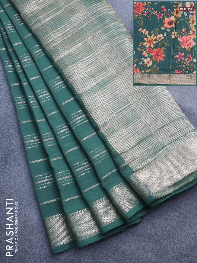 Assam silk saree green with allover zari woven stripes pattern and zari woven border