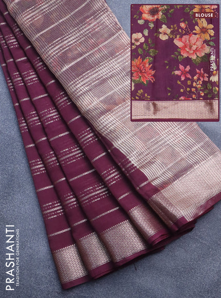 Assam silk saree wine shade with allover zari woven stripes pattern and zari woven border