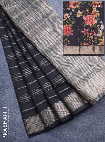 Assam silk saree black with allover zari woven stripes pattern and zari woven border