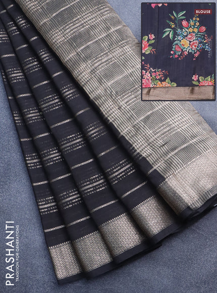 Assam silk saree black with allover zari woven stripes pattern and zari woven border