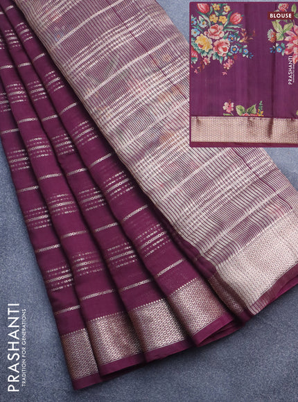 Assam silk saree wine shade with allover zari woven stripes pattern and zari woven border