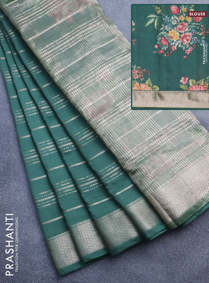 Assam silk saree green with allover zari woven stripes pattern and zari woven border