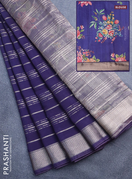 Assam silk saree blue with allover zari woven stripes pattern and zari woven border