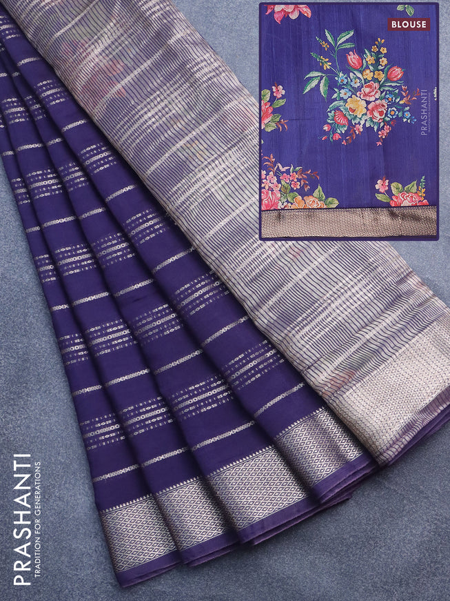 Assam silk saree blue with allover zari woven stripes pattern and zari woven border