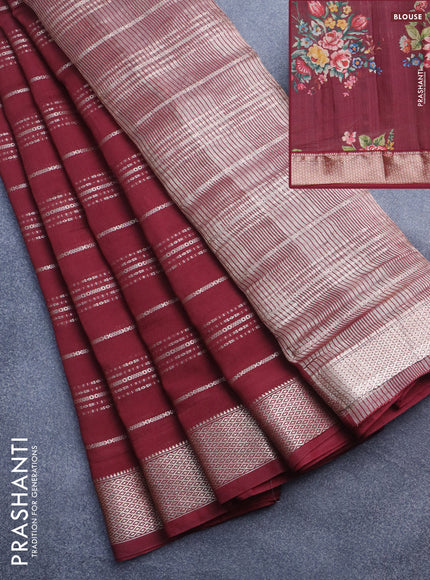 Assam silk saree maroon with allover zari woven stripes pattern and zari woven border