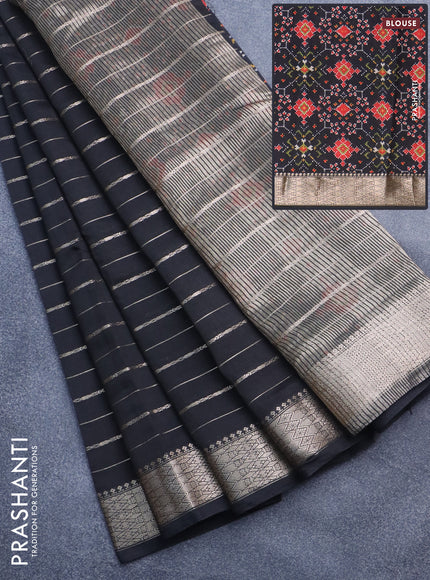 Assam silk saree black with allover zari woven stripes pattern and zari woven border