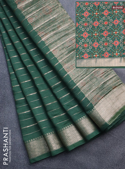 Assam silk saree green with allover zari woven stripes pattern and zari woven border