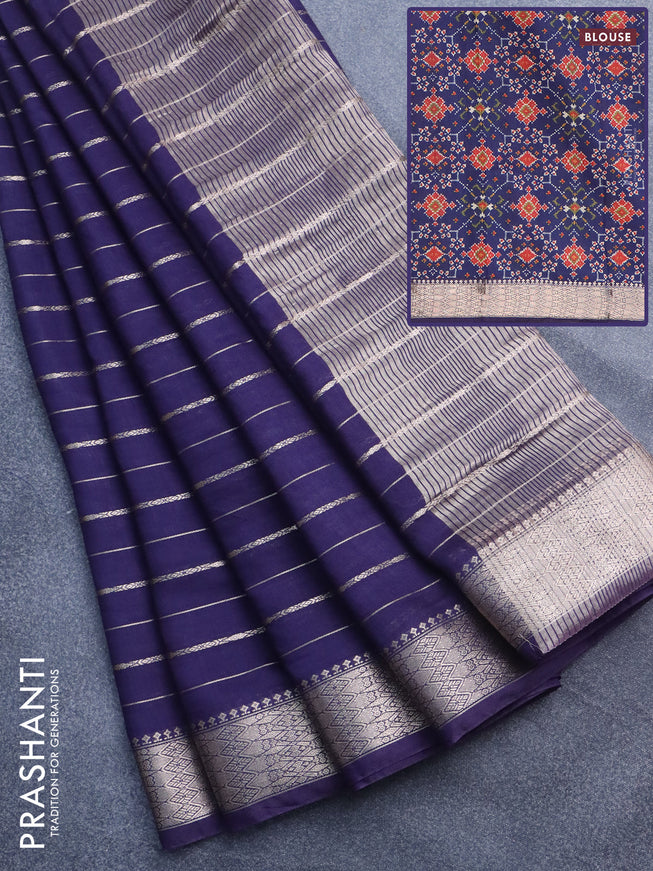 Assam silk saree blue with allover zari woven stripes pattern and zari woven border