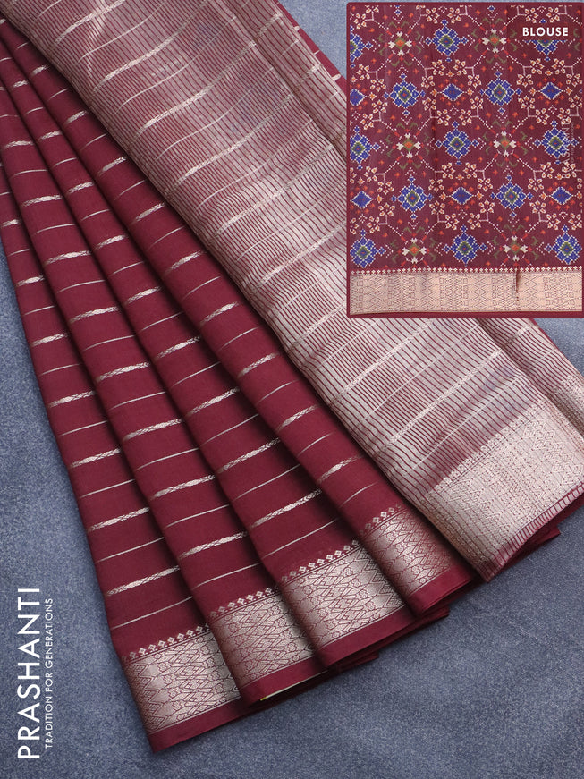 Assam silk saree maroon with allover zari woven stripes pattern and zari woven border