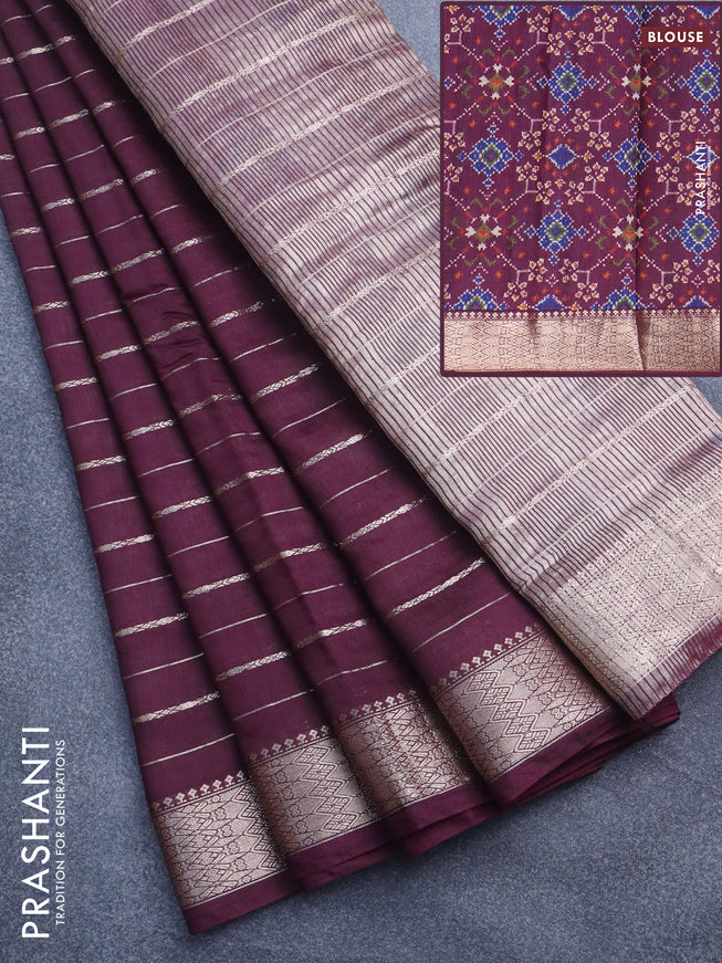 Assam silk saree wine shade with allover zari woven stripes pattern and zari woven border