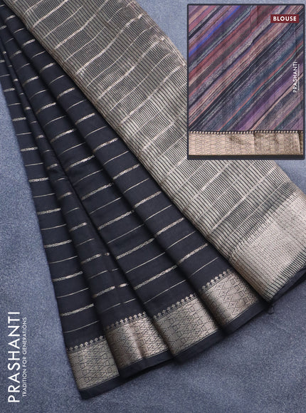 Assam silk saree black with allover zari woven stripes pattern and zari woven border