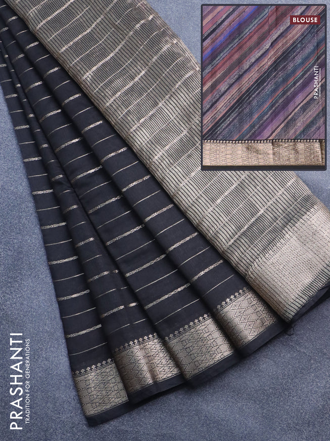 Assam silk saree black with allover zari woven stripes pattern and zari woven border