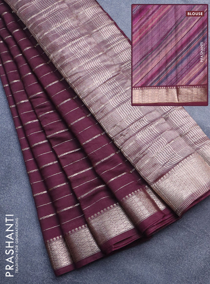 Assam silk saree wine shade with allover zari woven stripes pattern and zari woven border