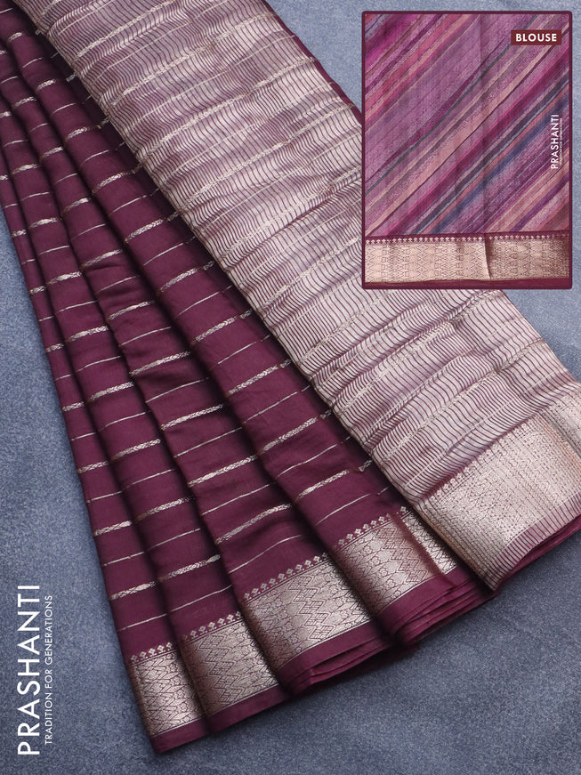 Assam silk saree wine shade with allover zari woven stripes pattern and zari woven border