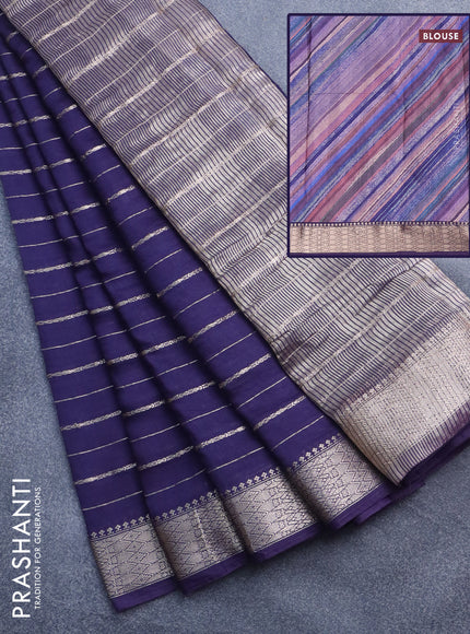 Assam silk saree blue with allover zari woven stripes pattern and zari woven border