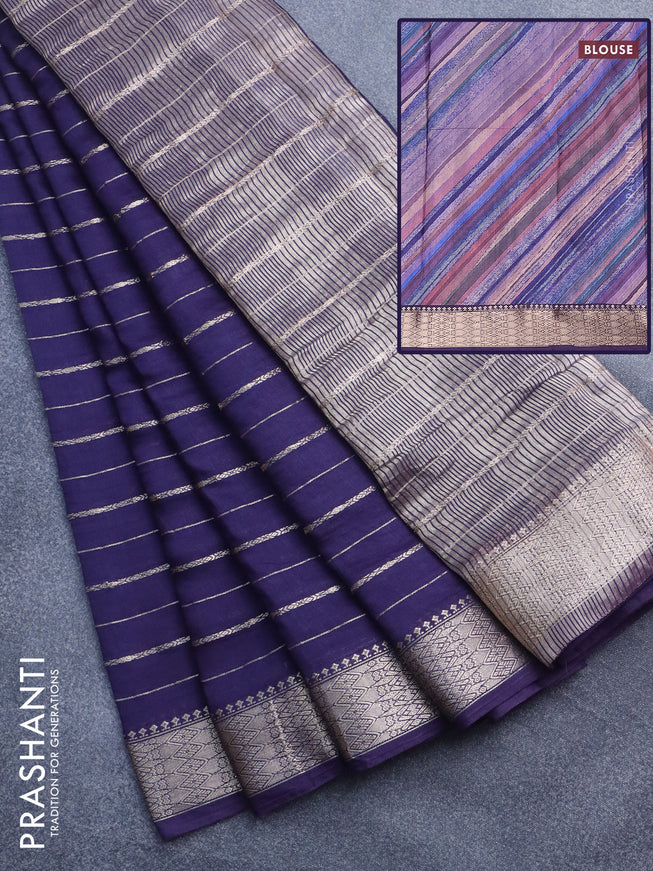 Assam silk saree blue with allover zari woven stripes pattern and zari woven border