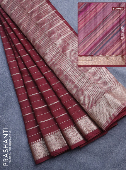 Assam silk saree maroon with allover zari woven stripes pattern and zari woven border