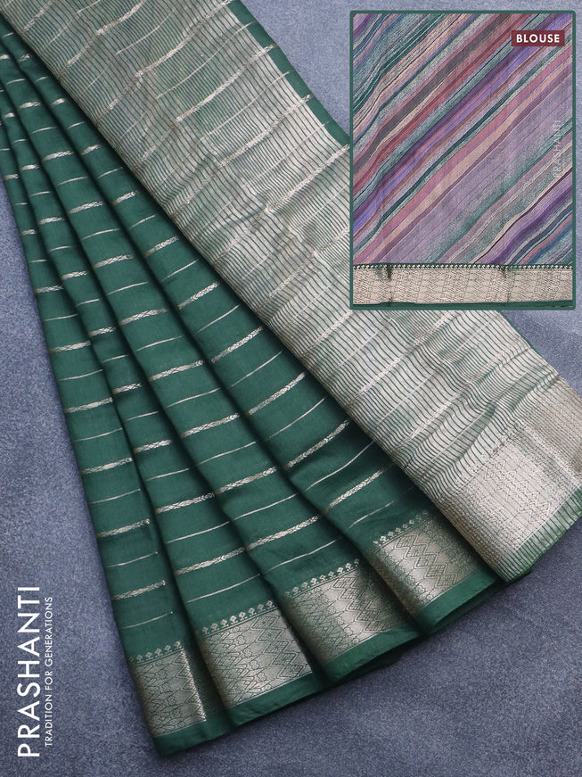 Assam silk saree green with allover zari woven stripes pattern and zari woven border