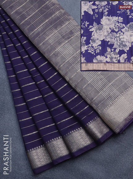 Assam silk saree blue with allover zari woven stripes pattern and zari woven border