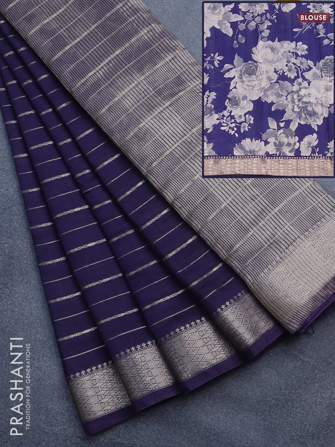 Assam silk saree blue with allover zari woven stripes pattern and zari woven border