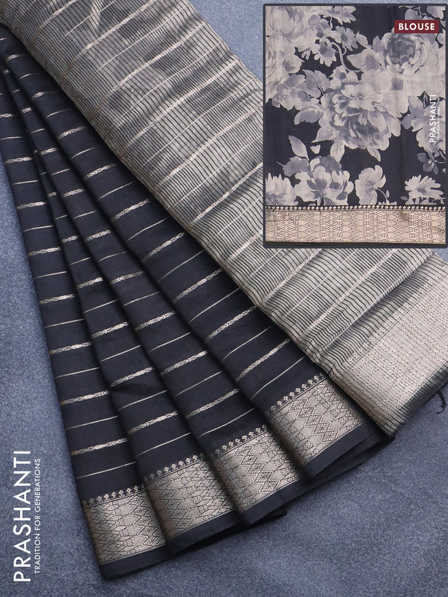 Assam silk saree black with allover zari woven stripes pattern and zari woven border