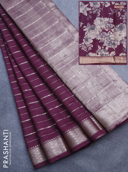 Assam silk saree wine shade with allover zari woven stripes pattern and zari woven border