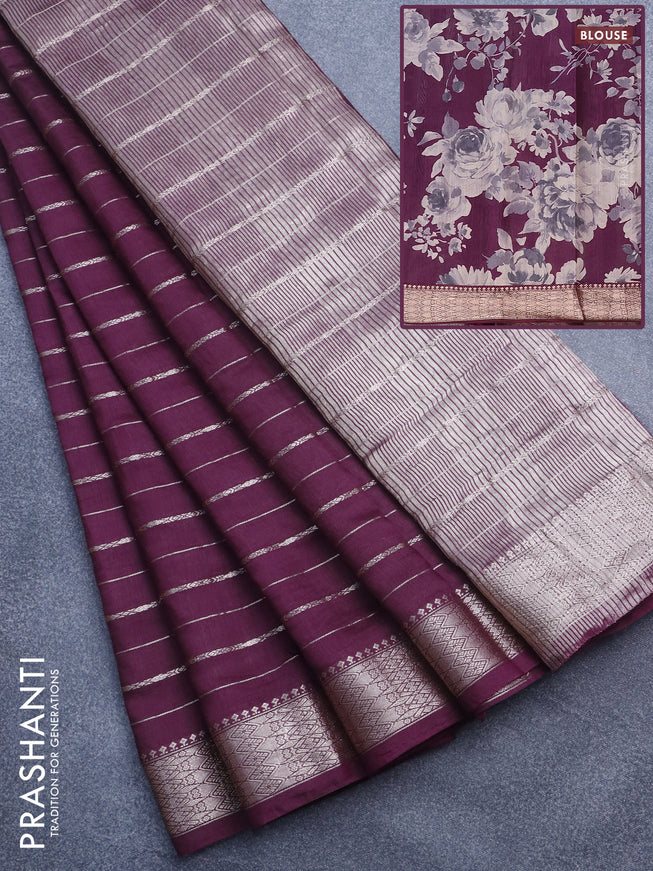 Assam silk saree wine shade with allover zari woven stripes pattern and zari woven border