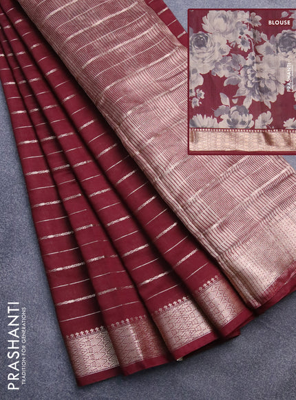 Assam silk saree maroon with allover zari woven stripes pattern and zari woven border