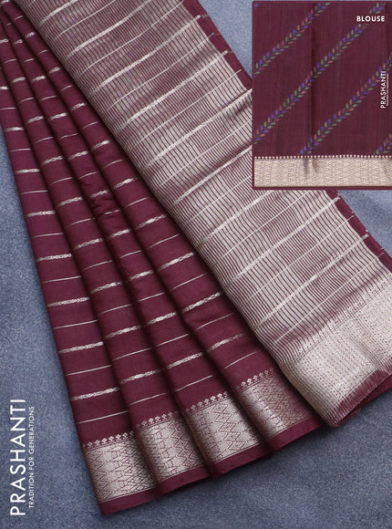 Assam silk saree maroon with allover zari woven stripes pattern and zari woven border