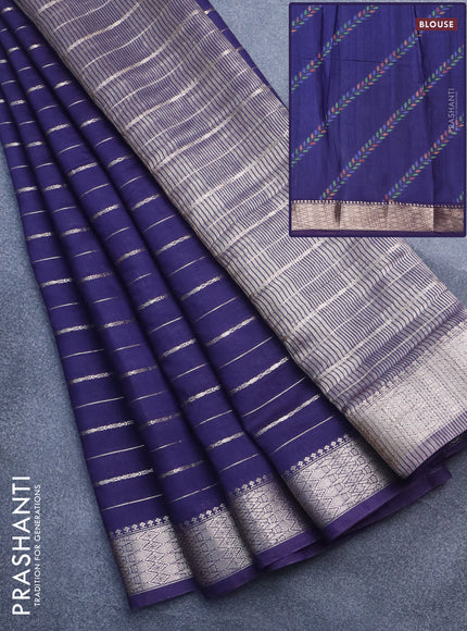 Assam silk saree blue with allover zari woven stripes pattern and zari woven border