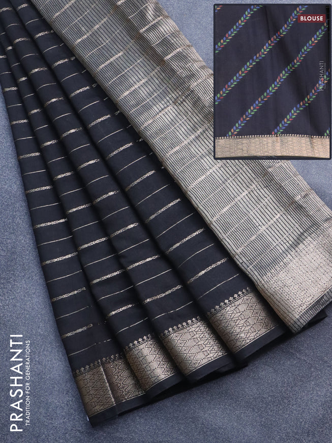 Assam silk saree black with allover zari woven stripes pattern and zari woven border