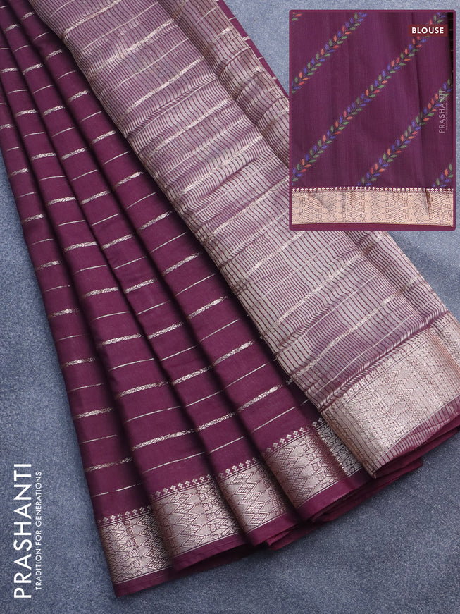 Assam silk saree wine shade with allover zari woven stripes pattern and zari woven border