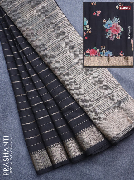 Assam silk saree black with allover zari woven stripes pattern and zari woven border