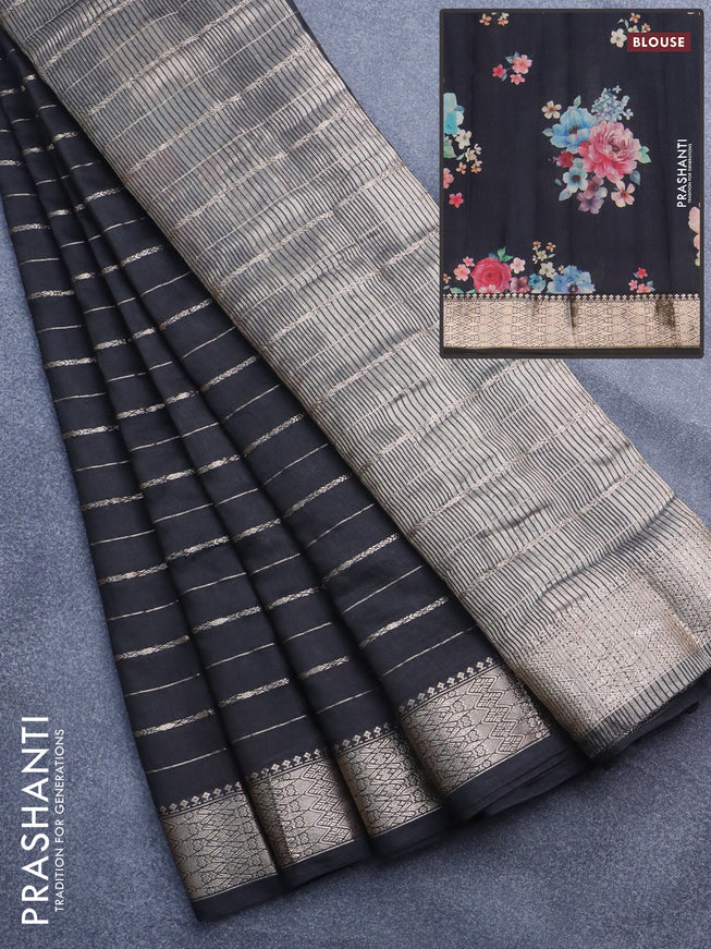 Assam silk saree black with allover zari woven stripes pattern and zari woven border