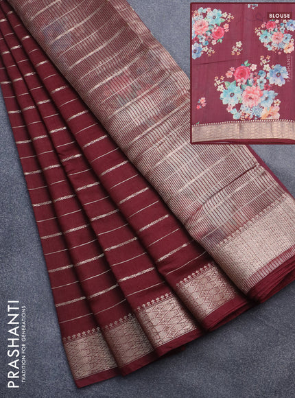 Assam silk saree wine shade with allover zari woven stripes pattern and zari woven border