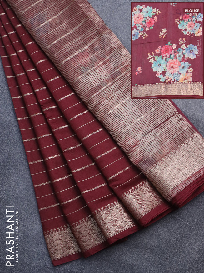 Assam silk saree wine shade with allover zari woven stripes pattern and zari woven border