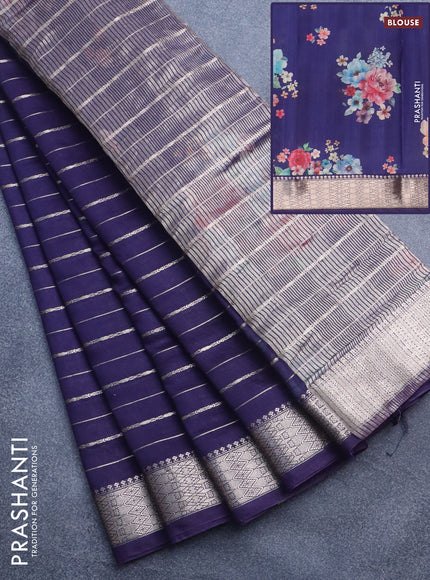 Assam silk saree blue with allover zari woven stripes pattern and zari woven border