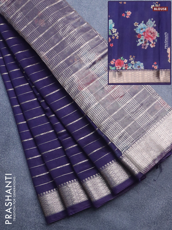 Assam silk saree blue with allover zari woven stripes pattern and zari woven border