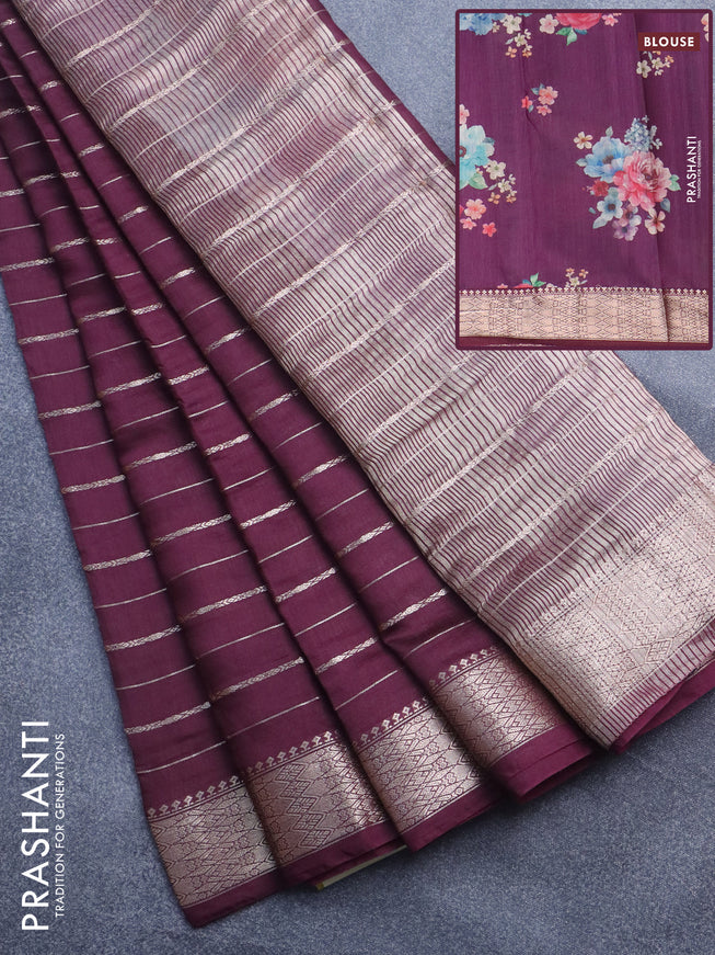 Assam silk saree maroon with allover zari woven stripes pattern and zari woven border