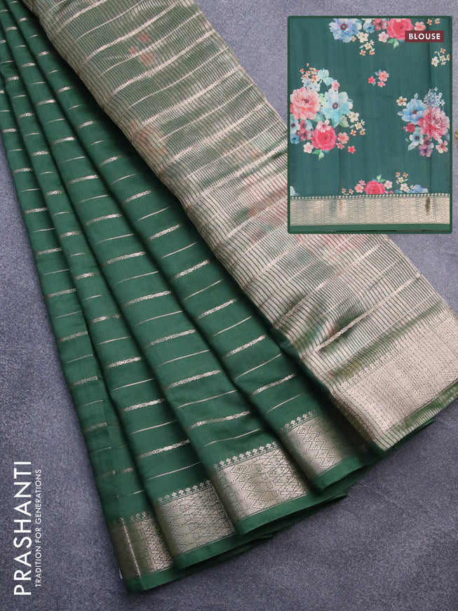 Assam silk saree green with allover zari woven stripes pattern and zari woven border