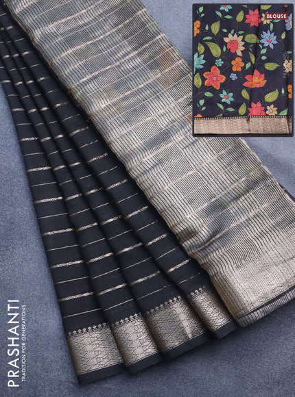 Assam silk saree black with allover zari woven stripes pattern and zari woven border