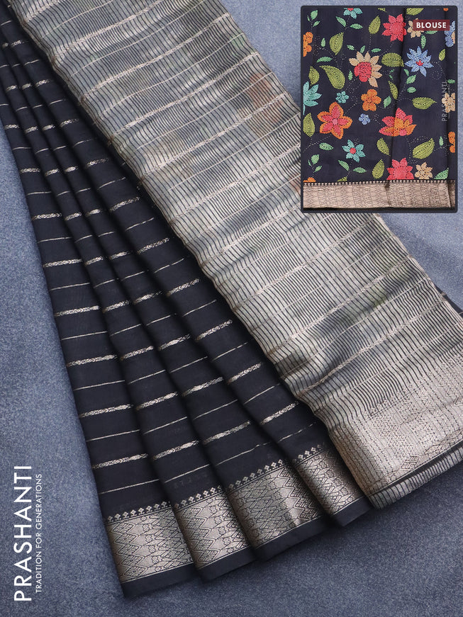 Assam silk saree black with allover zari woven stripes pattern and zari woven border