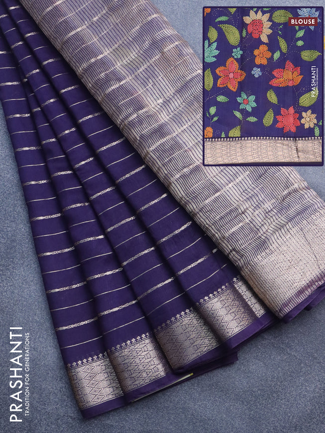 Assam silk saree blue with allover zari woven stripes pattern and zari woven border