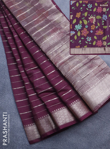 Assam silk saree wine shade with allover zari woven stripes pattern and zari woven border